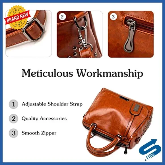 Vintage PU Leather Satchel Crossbody Bag with Adjustable Strap for Work Travel - Picture 5 of 7